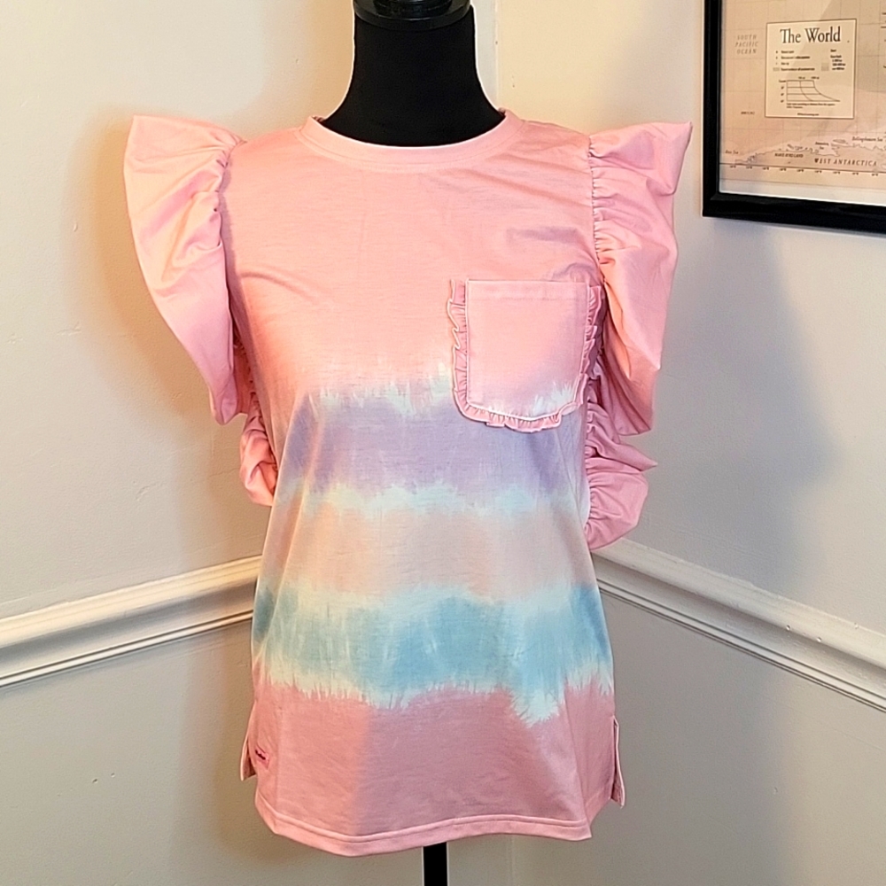 Simply Southern Pink Ruffle Tie dye shirt